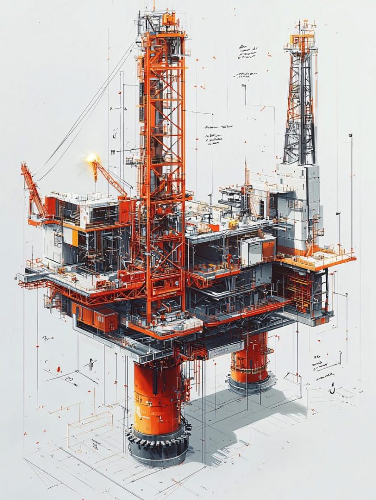 offshore, industrial, engineering, blueprint, design, mechanical, construction, energy, oil, technology, industry, abstract, rig, platform, machinery, structure, drilling, petroleum, infrastructure, power, technical, schematics, innovation, architecture, ai generated